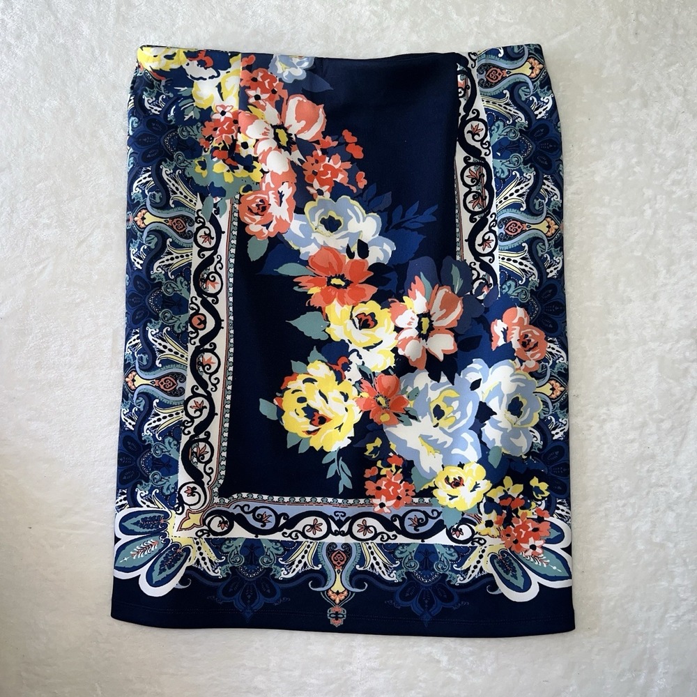 Cato Est 1946 Navy Blue Floral Paisley Scarf Print Pencil Skirt Large Stretch